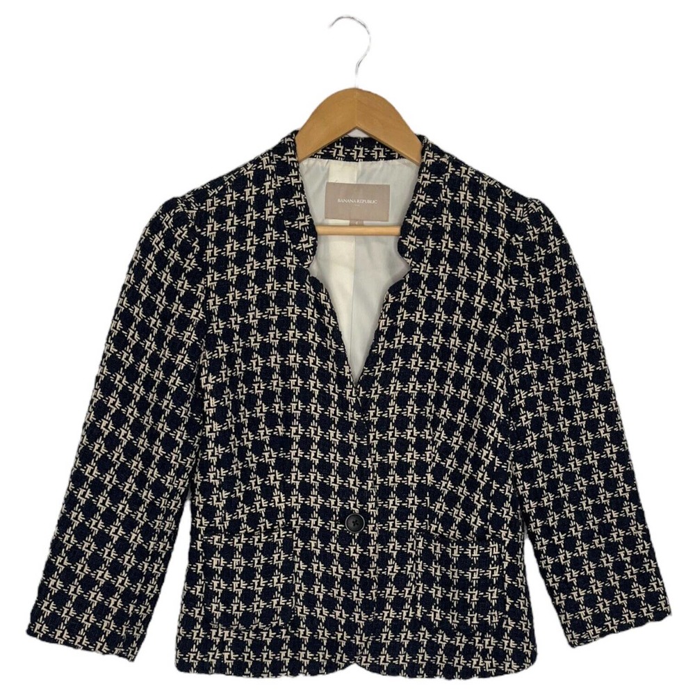 Banana Republic Womens 4 Tweed Blazer One Button Career Classic Lined Navy Blue